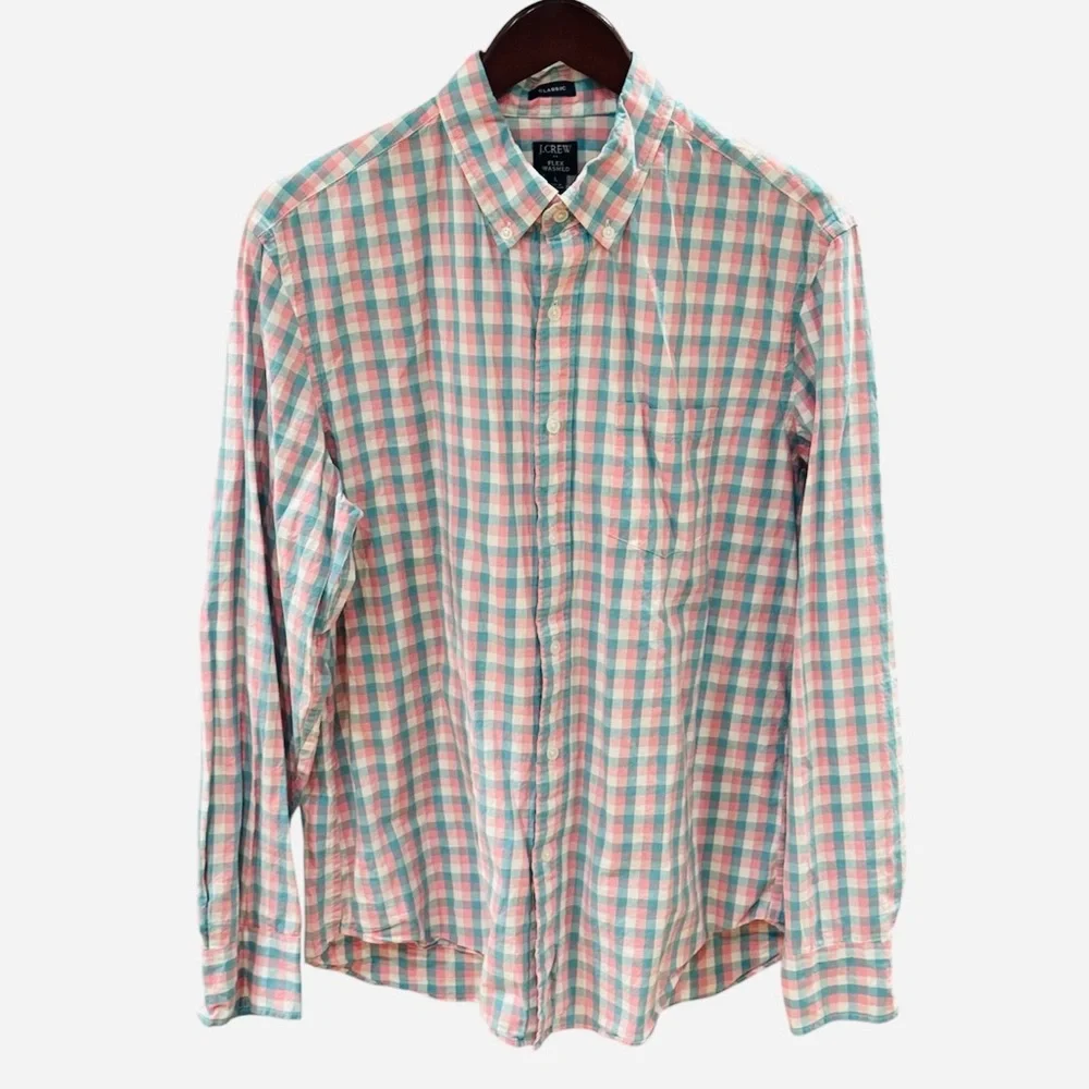 J. Crew Gingham Button Down Shirt Pink Green White Plaid Preppy L Pastel